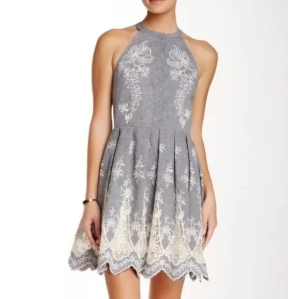 Cynthia Steffe Judith Embroidered Grey Halter Dress Size 4